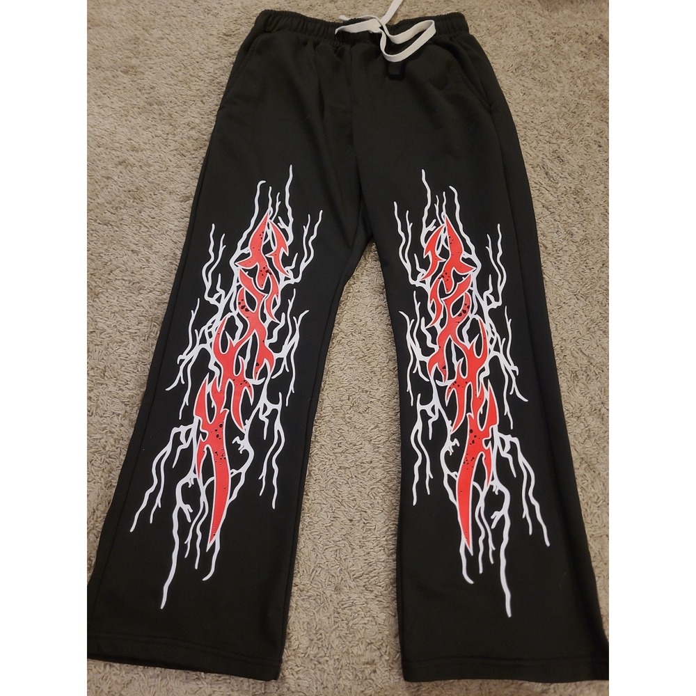 Gothic Print Graphic Sweatpants Wide Leg Baggy Joggers Streetwear Y2K Medium